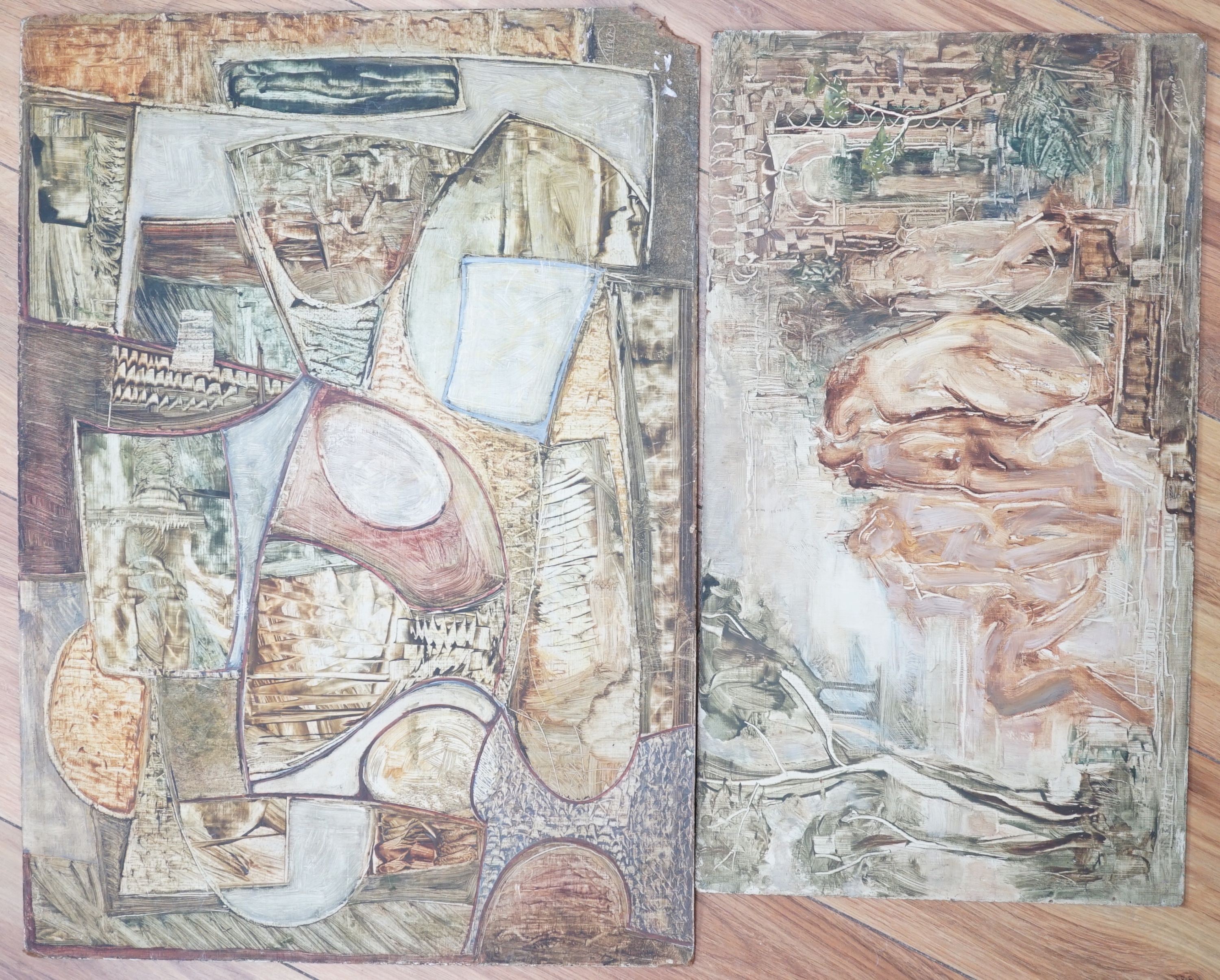 Gerald Meares, two oils on board, Bathers and Abstract form, both signed, 25 x 45cm and 36 x 51cm, unframed